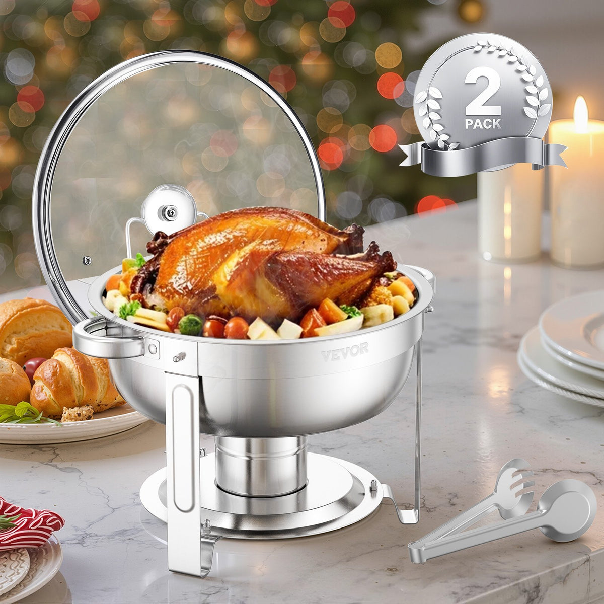 VEVOR 4.7L 2-Piece Round Buffet Food Warmer Set, Full Size Pan, Stainless Steel
