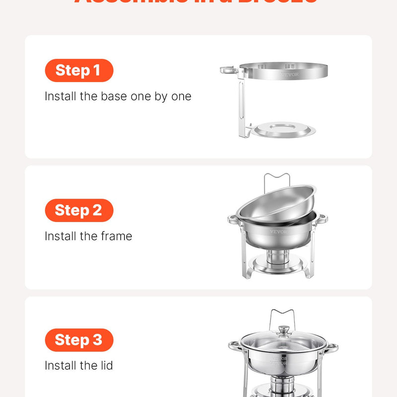 Nerūsējošā tērauda bufetes ēdienu sildītāju komplekts, apaļi trauki, 4 gab., 4,7 L katrs