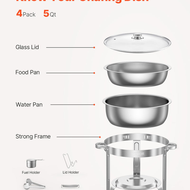 Nerūsējošā tērauda bufetes ēdienu sildītāju komplekts, apaļi trauki, 4 gab., 4,7 L katrs