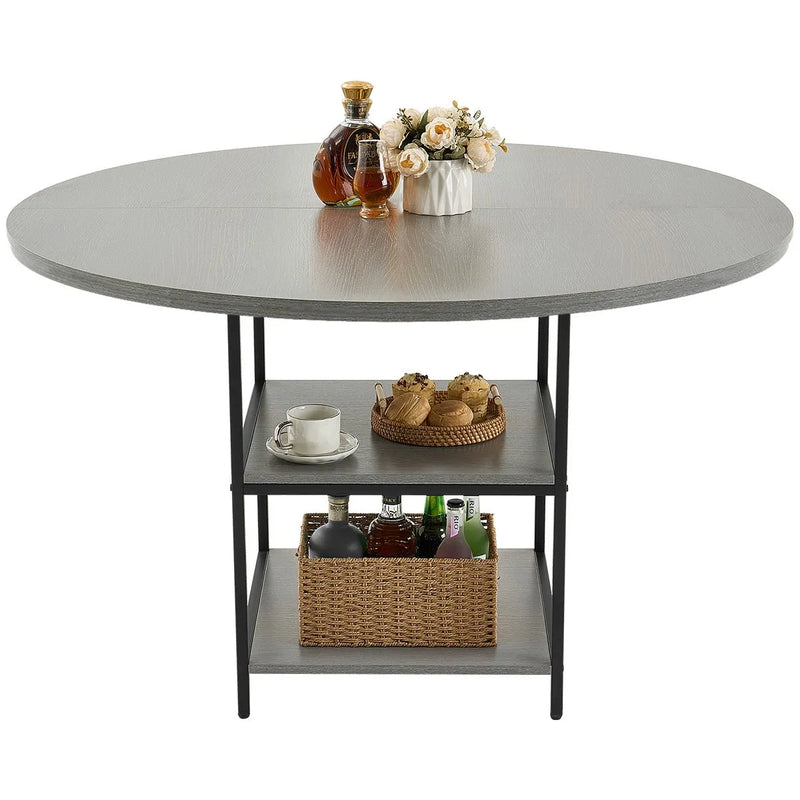 VEVOR apaļais ēdamgalds, Ø120 cm, koka galds 4–6 personām, mūsdienīga dizaina ēdamistabas mēbele ar metāla kājām un glabāšanas plauktu, pelēks (tikai galds)