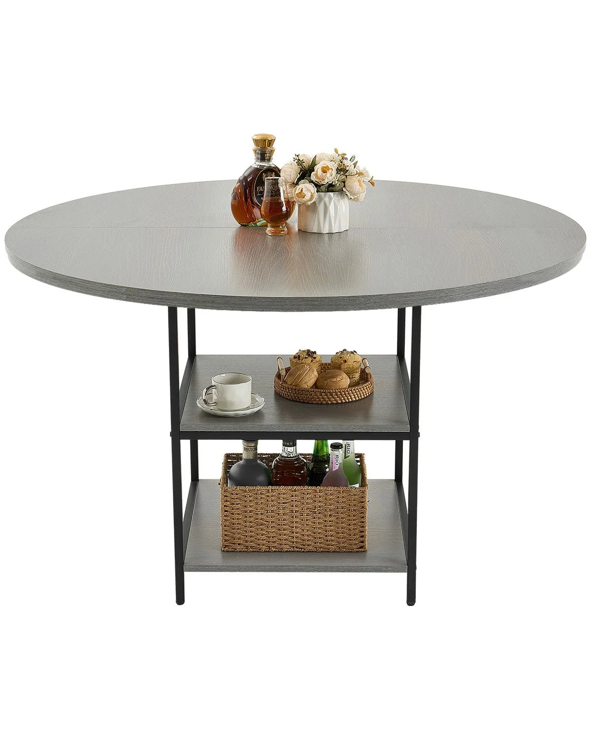 VEVOR Round Dining Table, Ø120 cm, Wood Table for 4–6 People, Modern Design Dining Room Furniture with Metal Legs and Storage Shelf, Grey (Table Only)