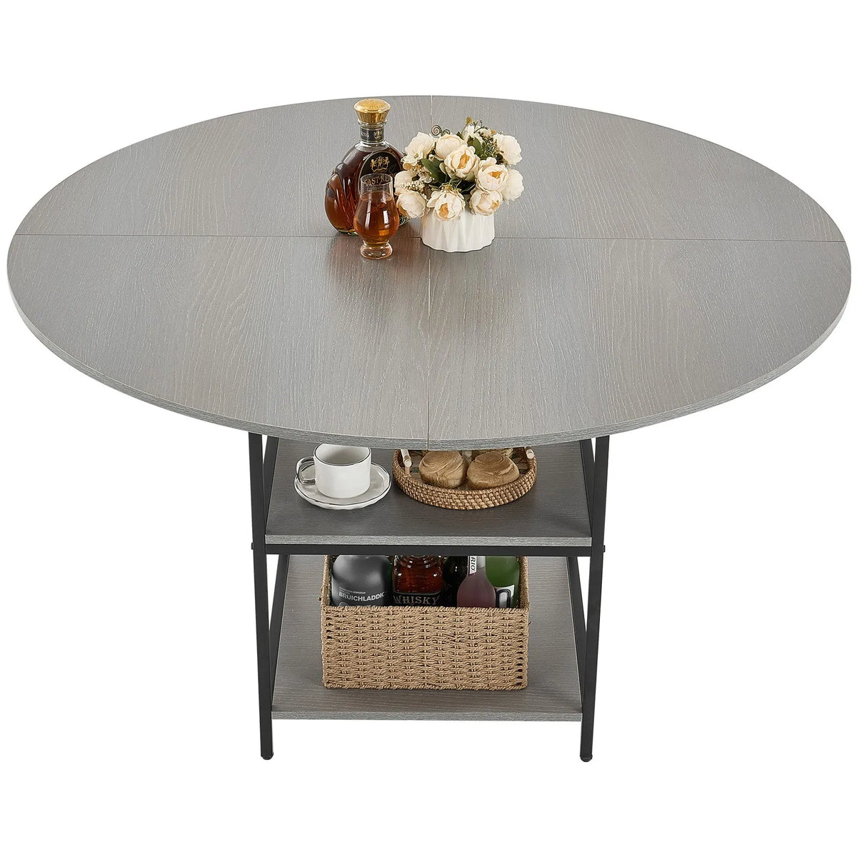 VEVOR Round Dining Table, Ø120 cm, Wood Table for 4–6 People, Modern Design Dining Room Furniture with Metal Legs and Storage Shelf, Grey (Table Only)