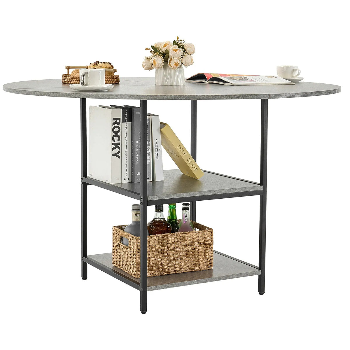 VEVOR Round Dining Table, Ø120 cm, Wood Table for 4–6 People, Modern Design Dining Room Furniture with Metal Legs and Storage Shelf, Grey (Table Only)