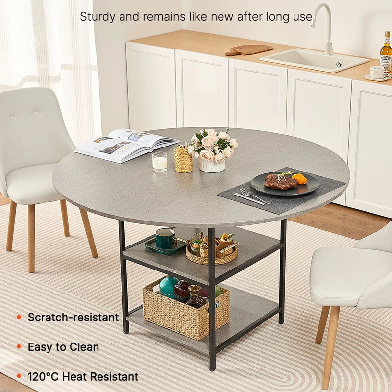 VEVOR apaļais ēdamgalds, Ø120 cm, koka galds 4–6 personām, mūsdienīga dizaina ēdamistabas mēbele ar metāla kājām un glabāšanas plauktu, pelēks (tikai galds)