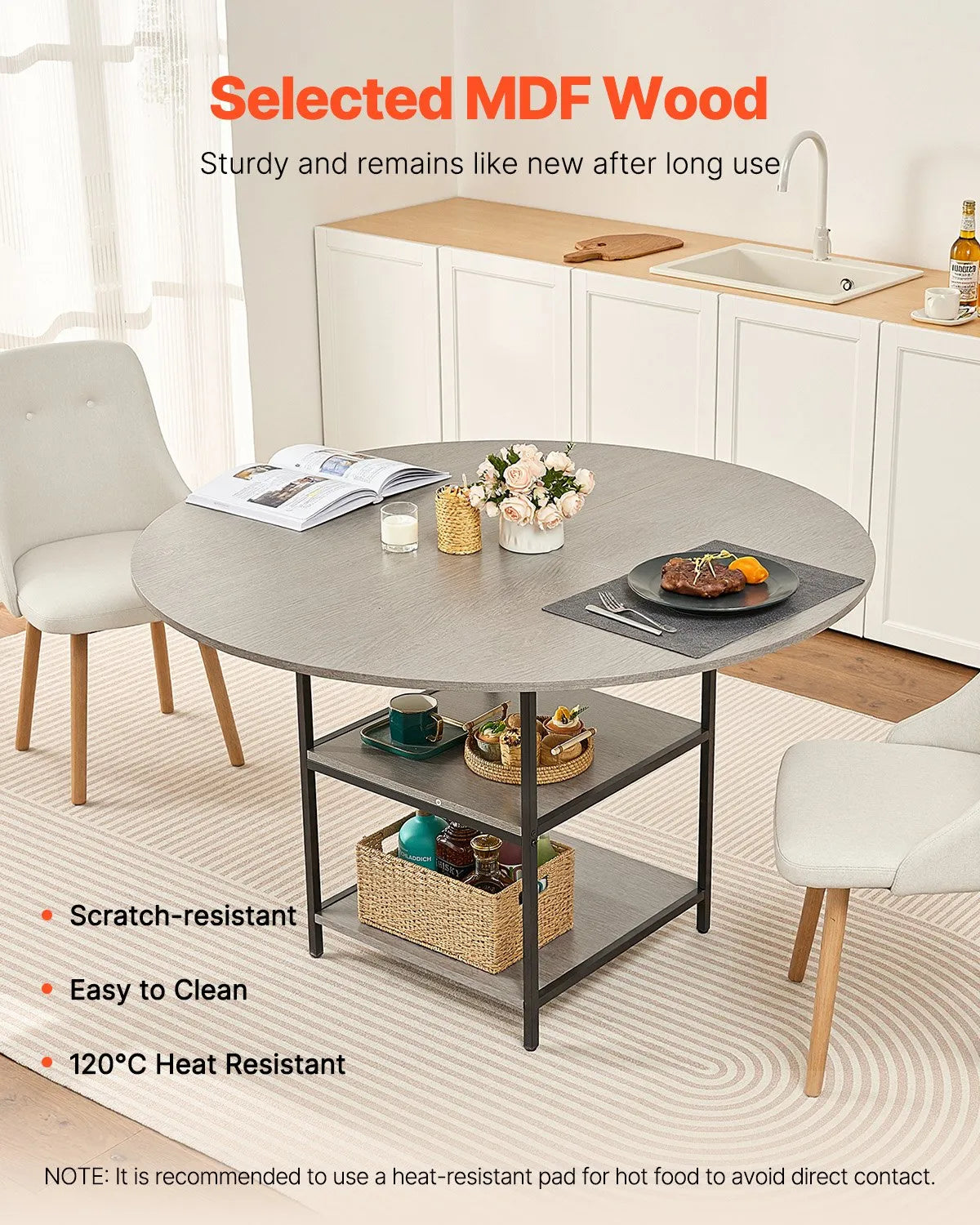 VEVOR Round Dining Table, Ø120 cm, Wood Table for 4–6 People, Modern Design Dining Room Furniture with Metal Legs and Storage Shelf, Grey (Table Only)