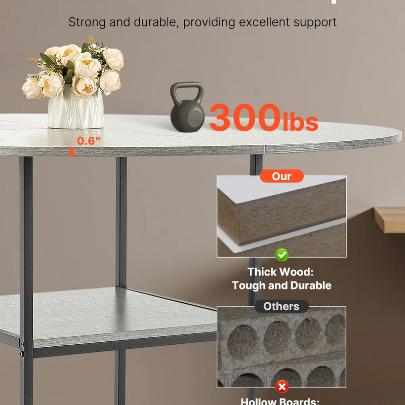 VEVOR apaļais ēdamgalds, Ø120 cm, koka galds 4–6 personām, mūsdienīga dizaina ēdamistabas mēbele ar metāla kājām un glabāšanas plauktu, pelēks (tikai galds)