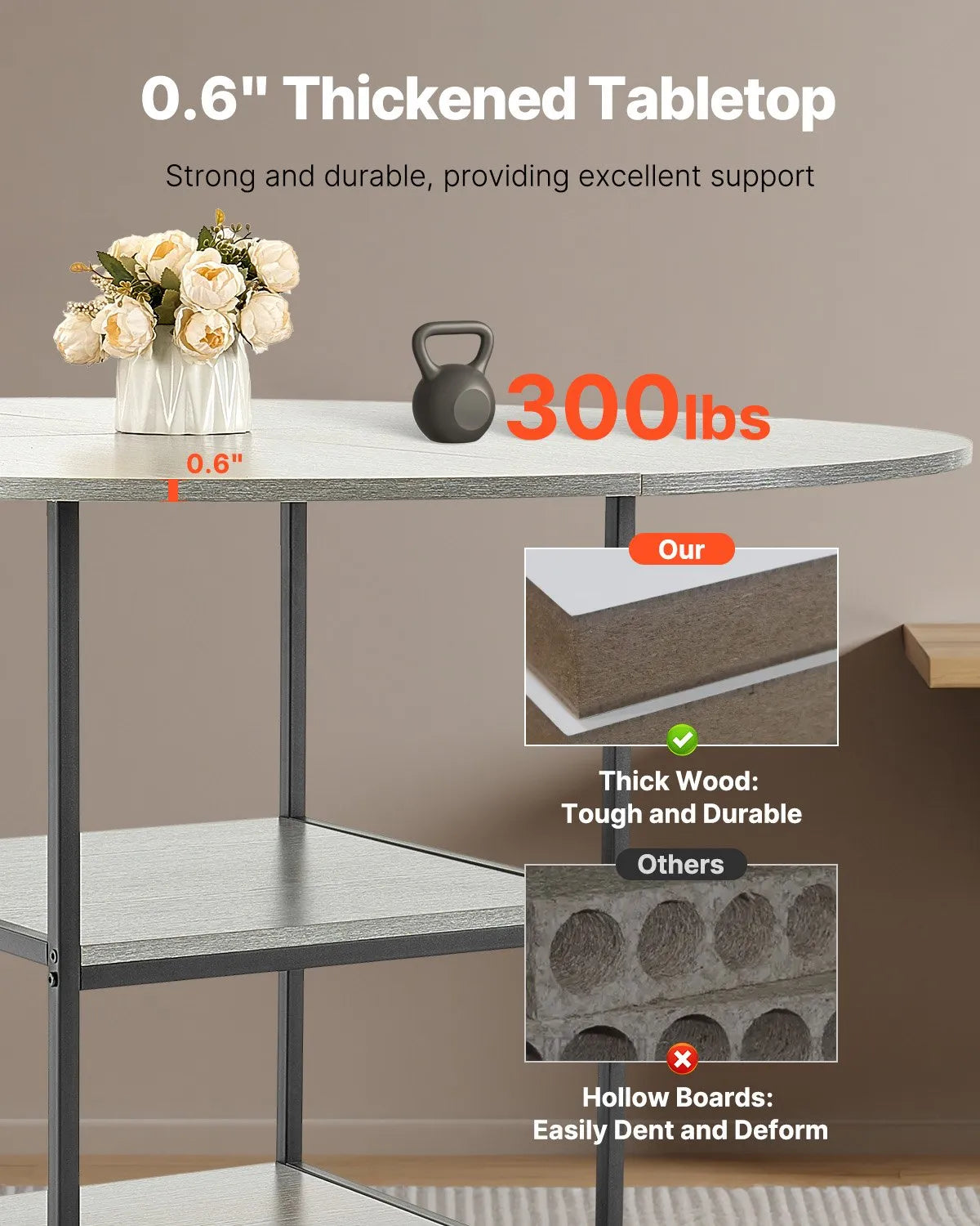 VEVOR Round Dining Table, Ø120 cm, Wood Table for 4–6 People, Modern Design Dining Room Furniture with Metal Legs and Storage Shelf, Grey (Table Only)