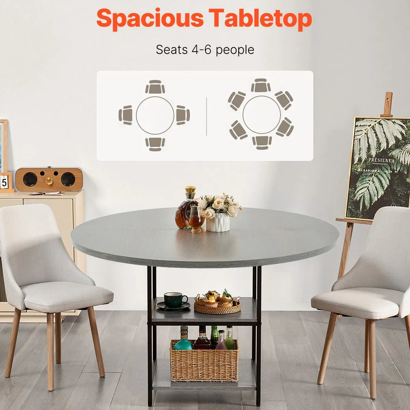 VEVOR apaļais ēdamgalds, Ø120 cm, koka galds 4–6 personām, mūsdienīga dizaina ēdamistabas mēbele ar metāla kājām un glabāšanas plauktu, pelēks (tikai galds)