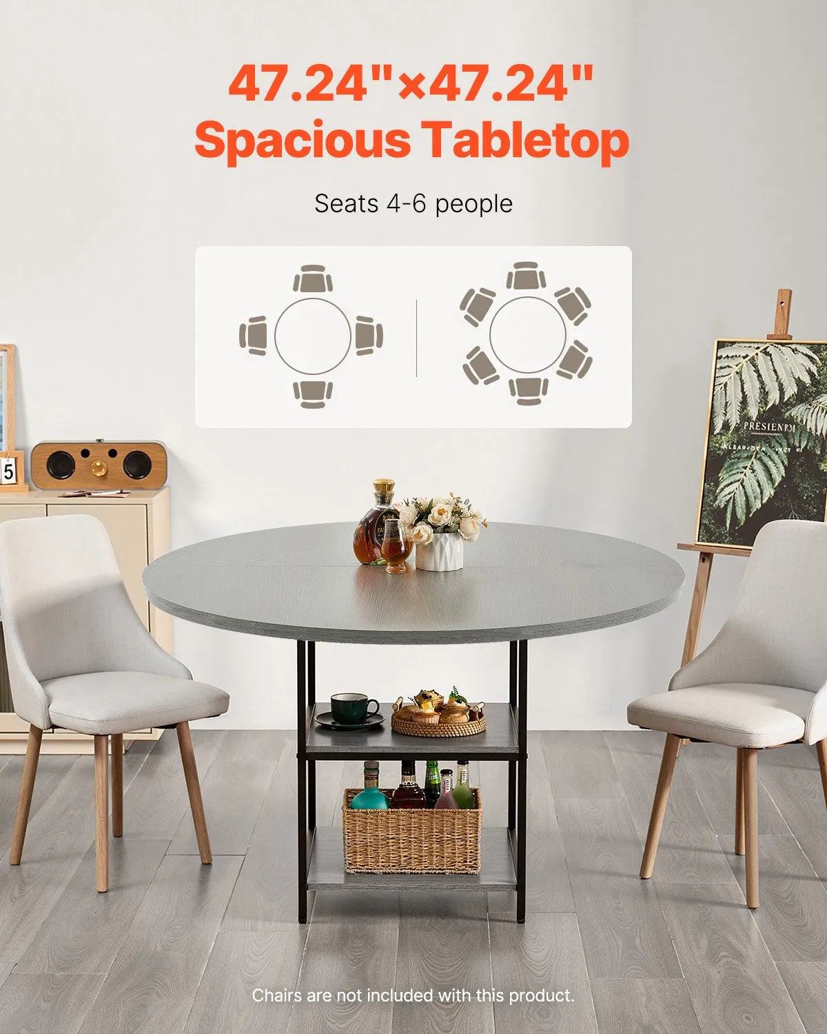 VEVOR Round Dining Table, Ø120 cm, Wood Table for 4–6 People, Modern Design Dining Room Furniture with Metal Legs and Storage Shelf, Grey (Table Only)