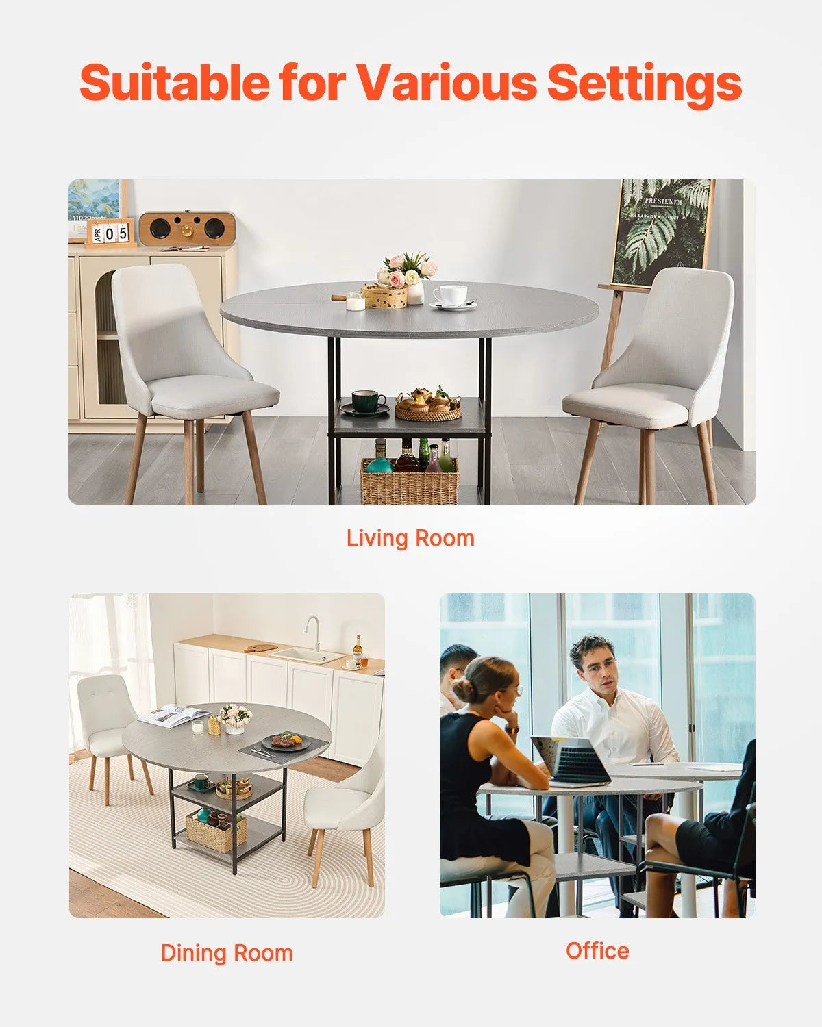 VEVOR Round Dining Table, Ø120 cm, Wood Table for 4–6 People, Modern Design Dining Room Furniture with Metal Legs and Storage Shelf, Grey (Table Only)