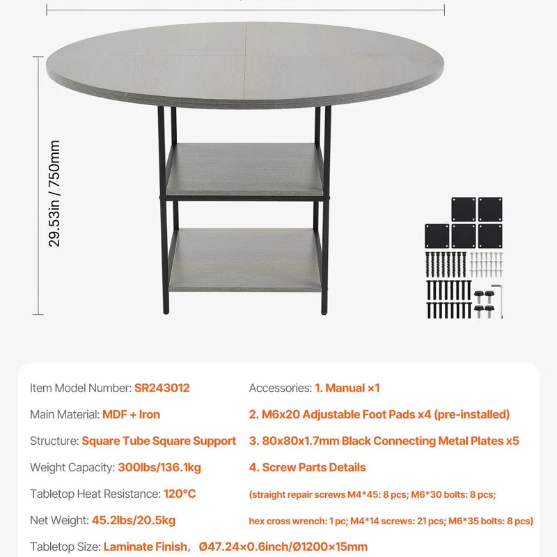 VEVOR apaļais ēdamgalds, Ø120 cm, koka galds 4–6 personām, mūsdienīga dizaina ēdamistabas mēbele ar metāla kājām un glabāšanas plauktu, pelēks (tikai galds)
