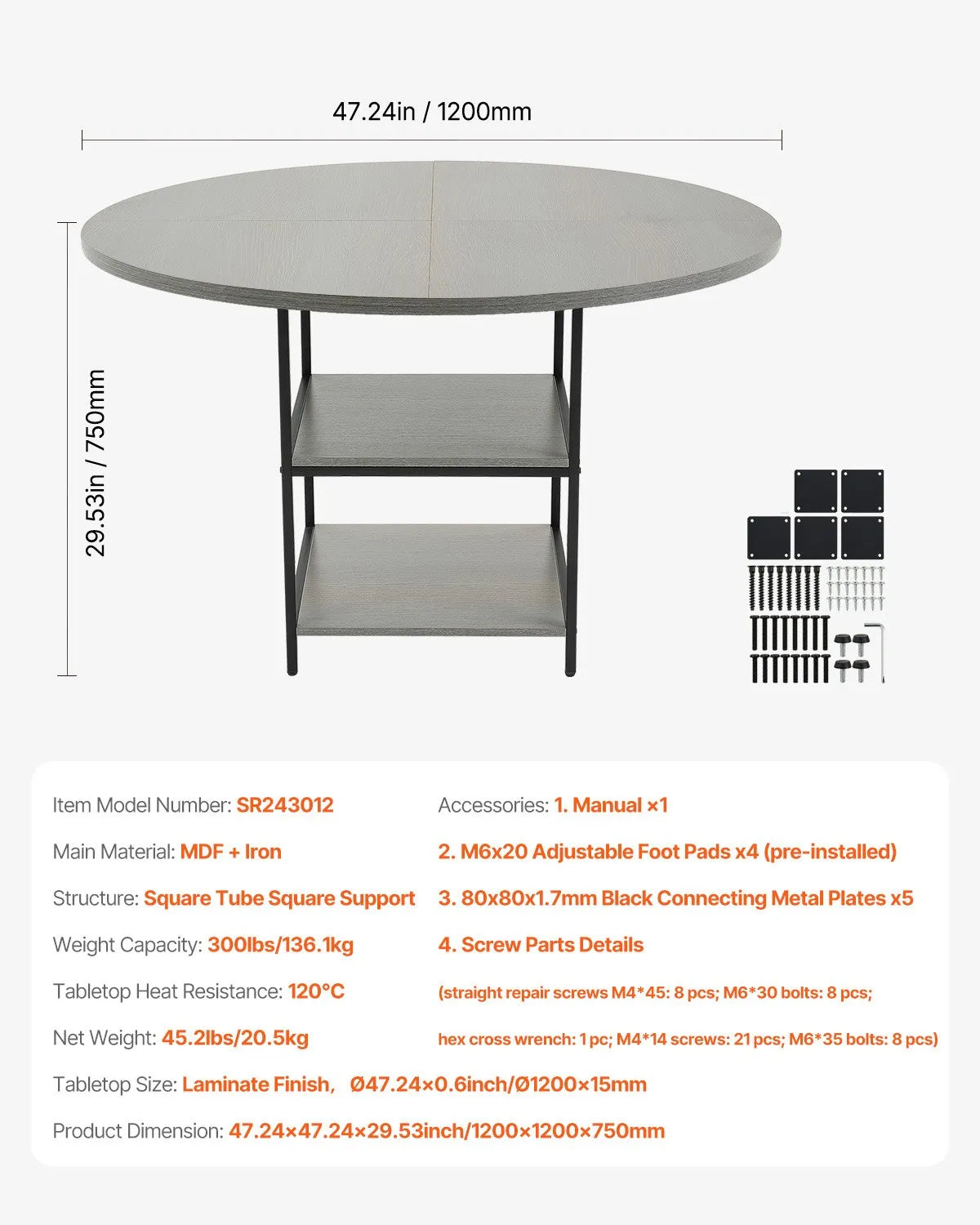 VEVOR Round Dining Table, Ø120 cm, Wood Table for 4–6 People, Modern Design Dining Room Furniture with Metal Legs and Storage Shelf, Grey (Table Only)