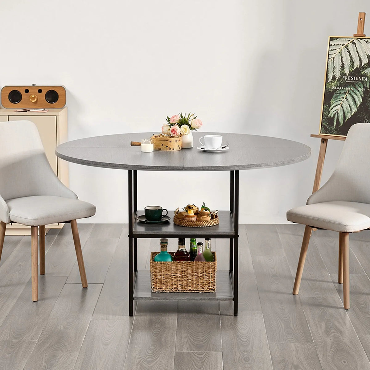 VEVOR Round Dining Table, Ø120 cm, Wood Table for 4–6 People, Modern Design Dining Room Furniture with Metal Legs and Storage Shelf, Grey (Table Only)