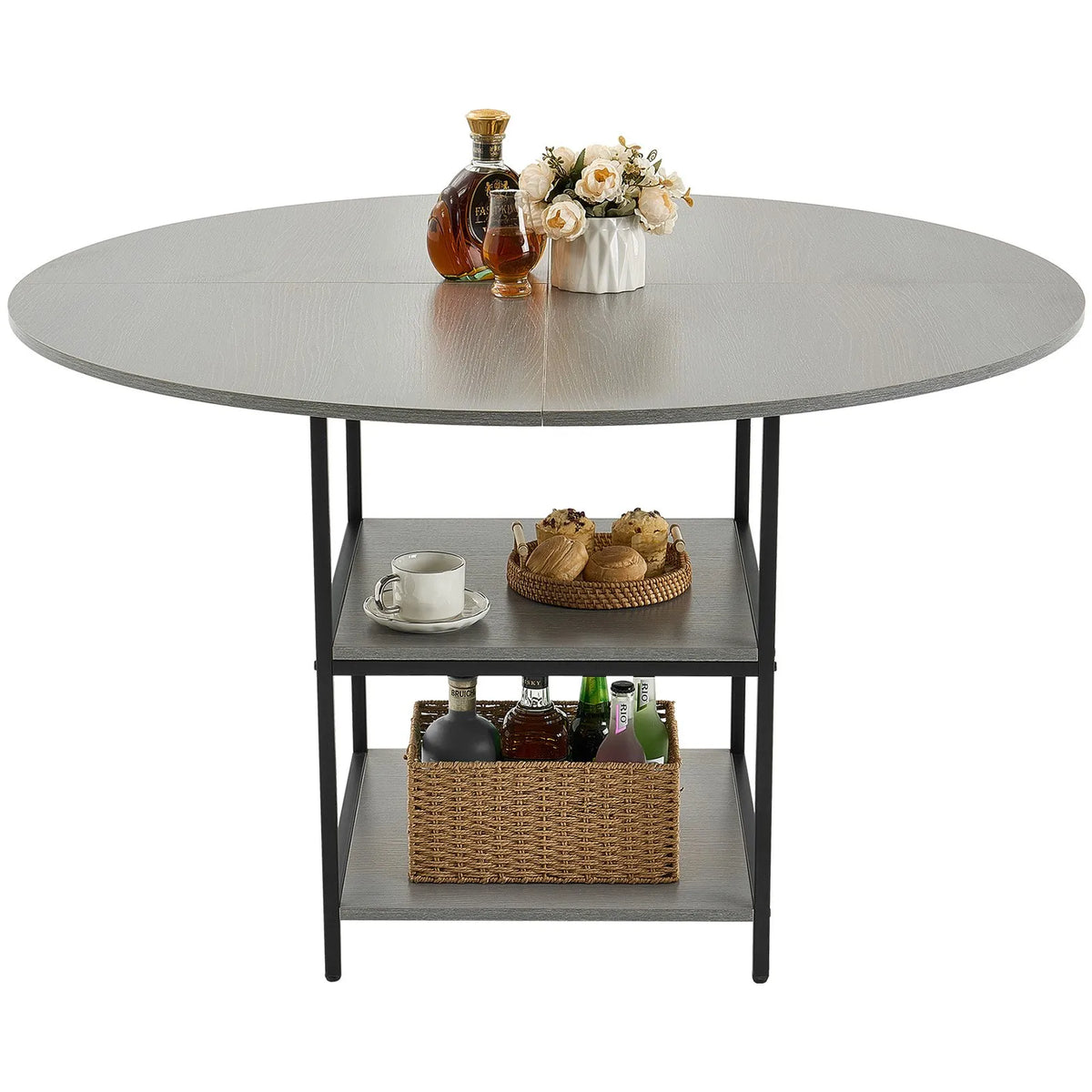 VEVOR Round Dining Table, Ø120 cm, Wood Table for 4–6 People, Modern Design Dining Room Furniture with Metal Legs and Storage Shelf, Grey (Table Only)