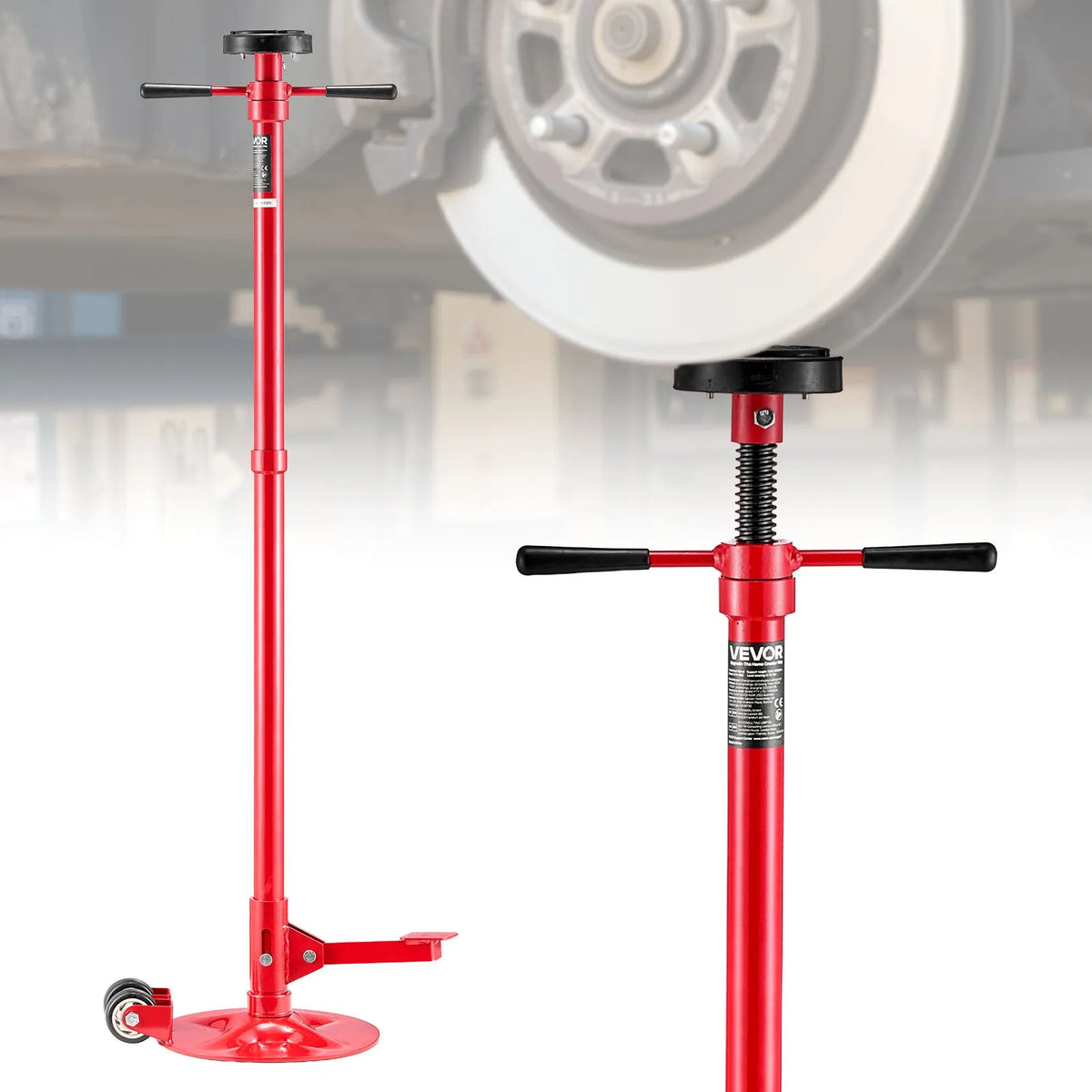 VEVOR apakšpacēlāja atbalsta statīvs 0,75 t, regulējams 1320–2032 mm, ar 2 riteņiem, gultņots rotācijas rokturis un kājas pedālis, stabila pamatne, transportlīdzekļu komponentu atbalstam - ZEMLETES.LV