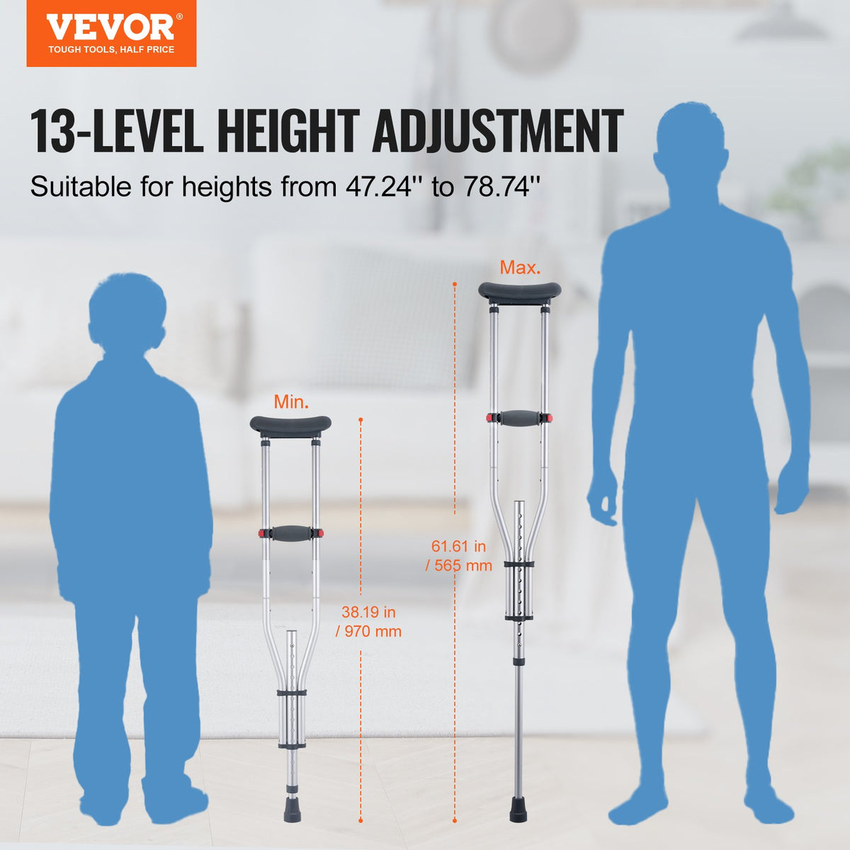 VEVOR paduses kruķi ar 13 līmeņu augstuma regulēšanu, viegla alumīnija konstrukcija ar mīkstiem paduses balstiem, slodze līdz 136 kg, piemēroti pieaugušajiem un pusaudžiem pēc traumām un operācijām, 1 pāris - ZEMLETES.LV