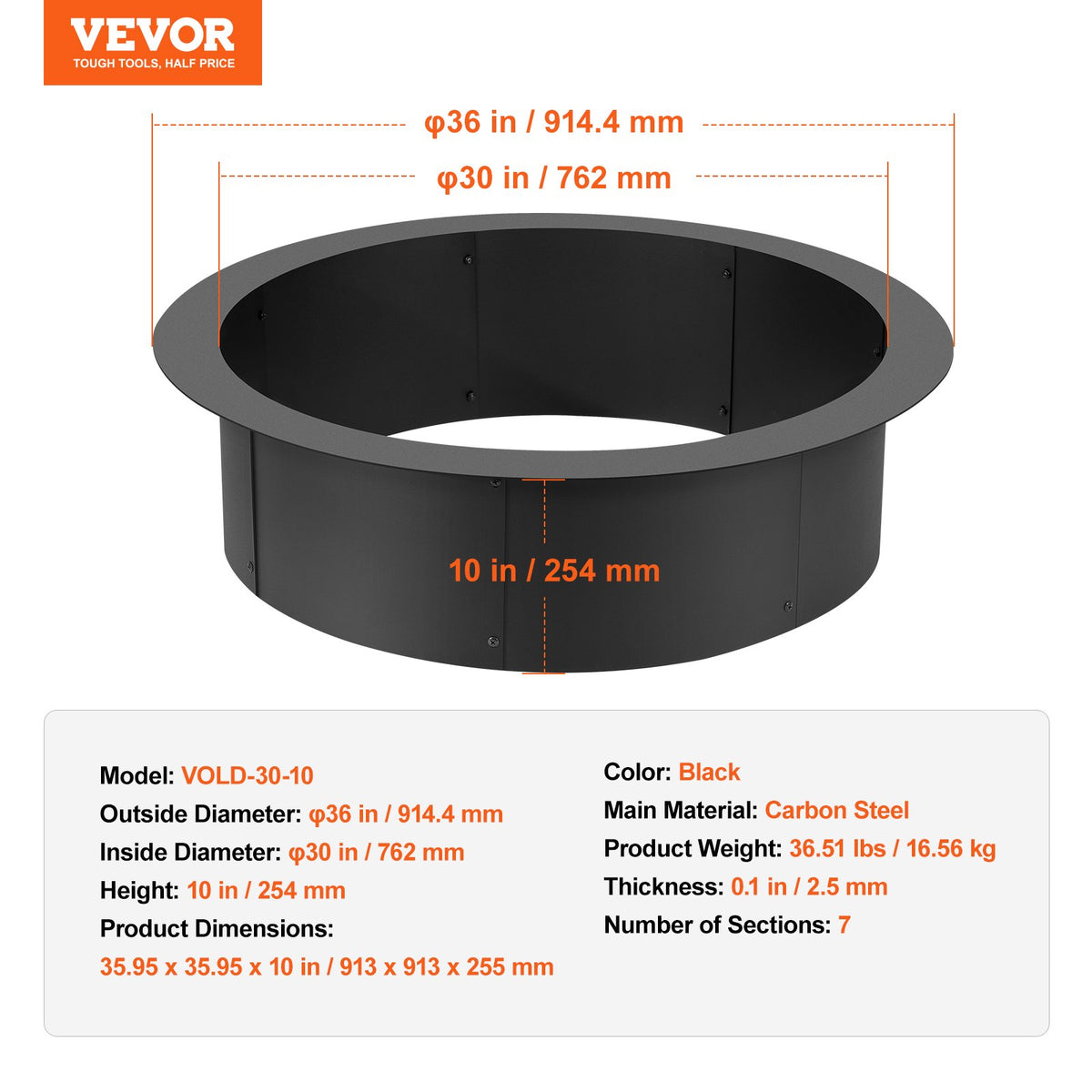 VEVOR Round Fire Ring – 91 cm Outer Steel Insert for DIY Fire Pit
