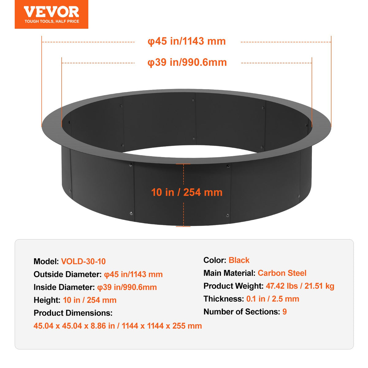 VEVOR apaļš ugunskura gredzens – 112 cm ārējais tērauda ieliktnis DIY ugunskura vietai