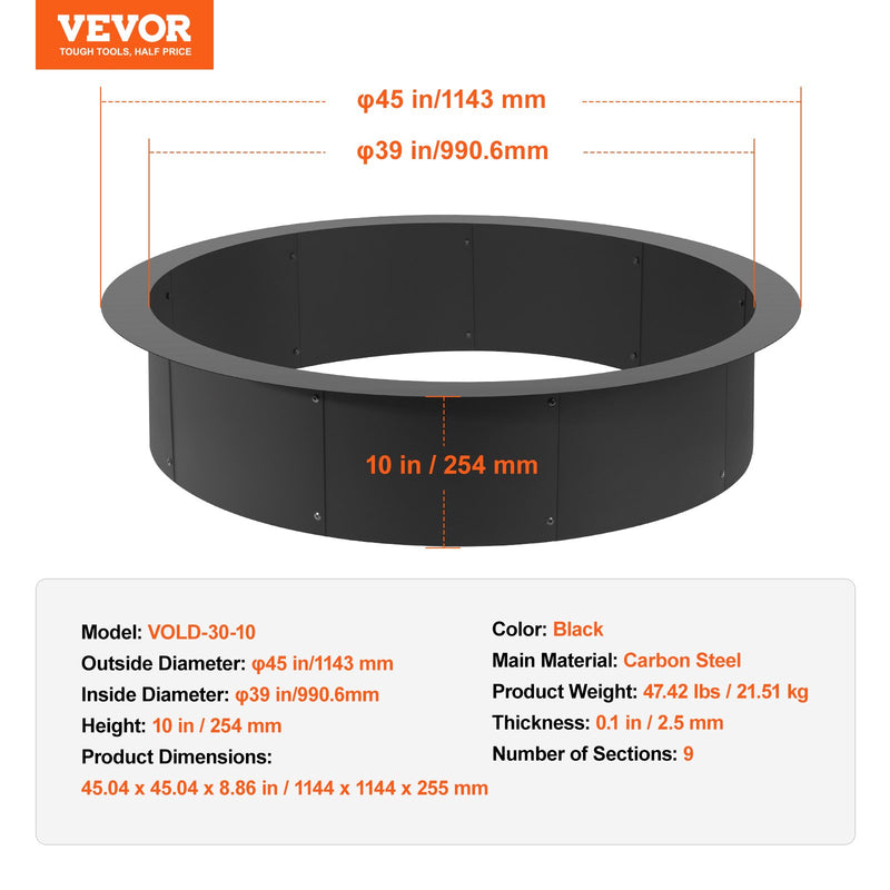 VEVOR apaļš ugunskura gredzens – 112 cm ārējais tērauda ieliktnis DIY ugunskura vietai