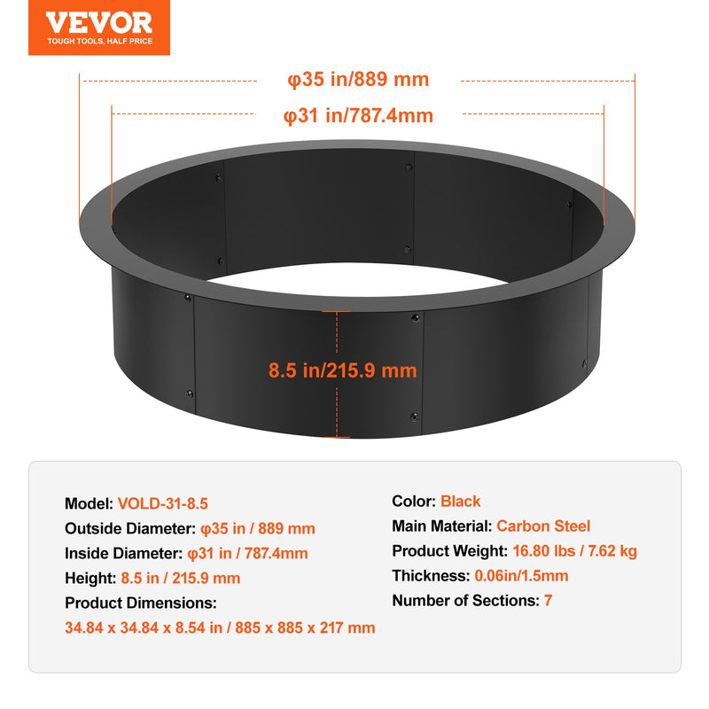 VEVOR apaļš ugunskura gredzens – 89 cm ārējais tērauda ieliktnis DIY ugunskura vietai