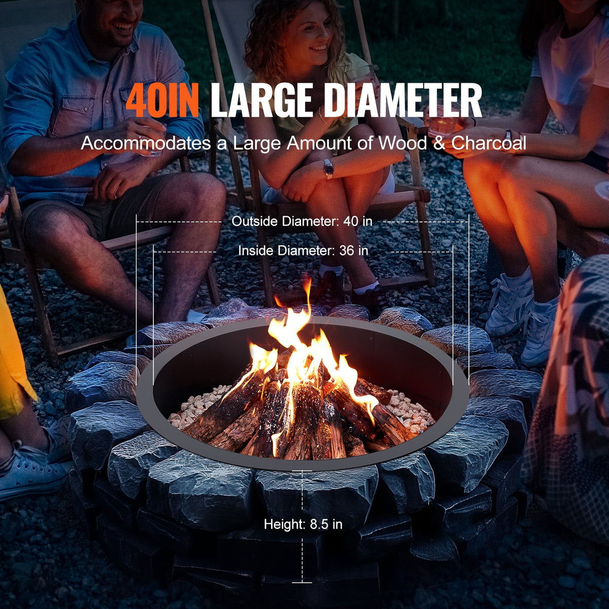 VEVOR Round Fire Ring – 102 cm Outer / 91 cm Inner Steel Insert for DIY Fire Pit
