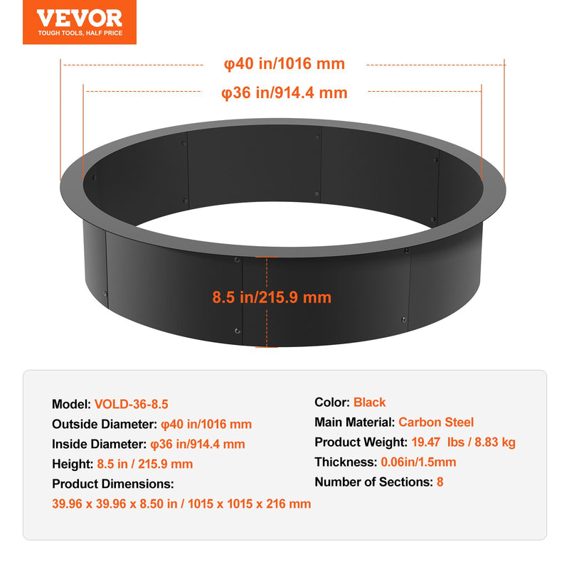 VEVOR apaļš ugunskura gredzens - 102 cm ārējais / 91 cm iekšējais tērauda ieliktnis DIY ugunskura vietai