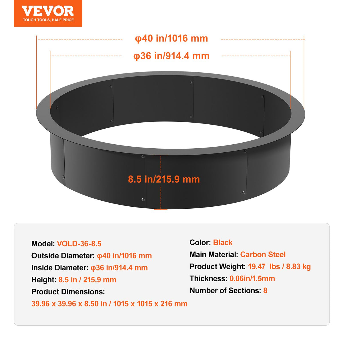 VEVOR Round Fire Ring – 102 cm Outer / 91 cm Inner Steel Insert for DIY Fire Pit