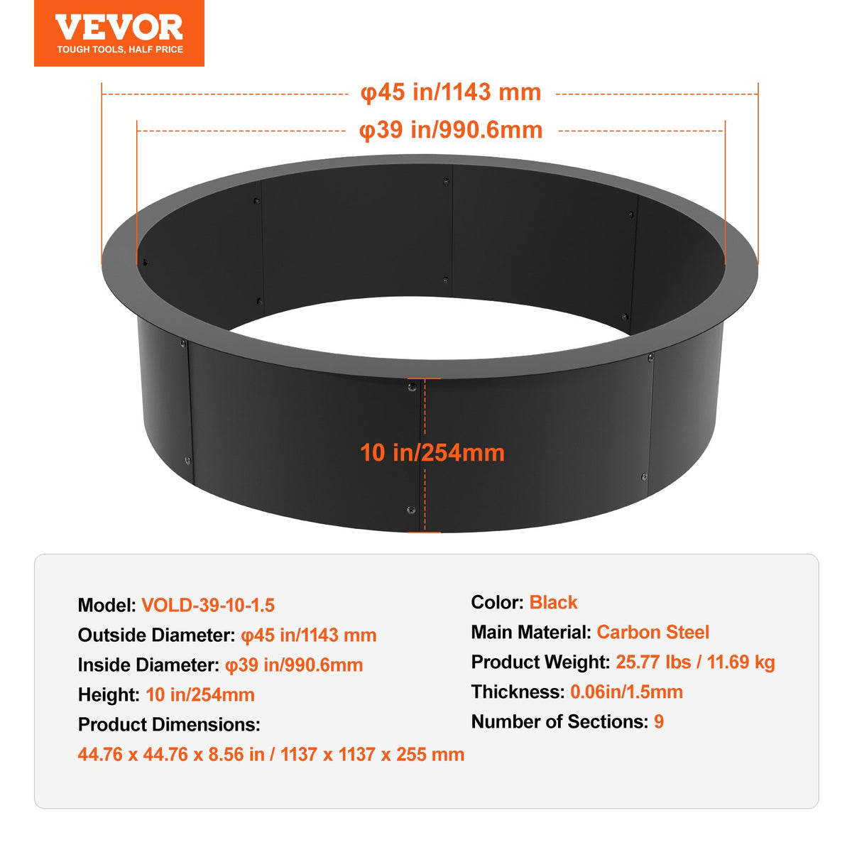 VEVOR Round Fire Ring – 114 cm Outer Steel Insert DIY Fire Pit