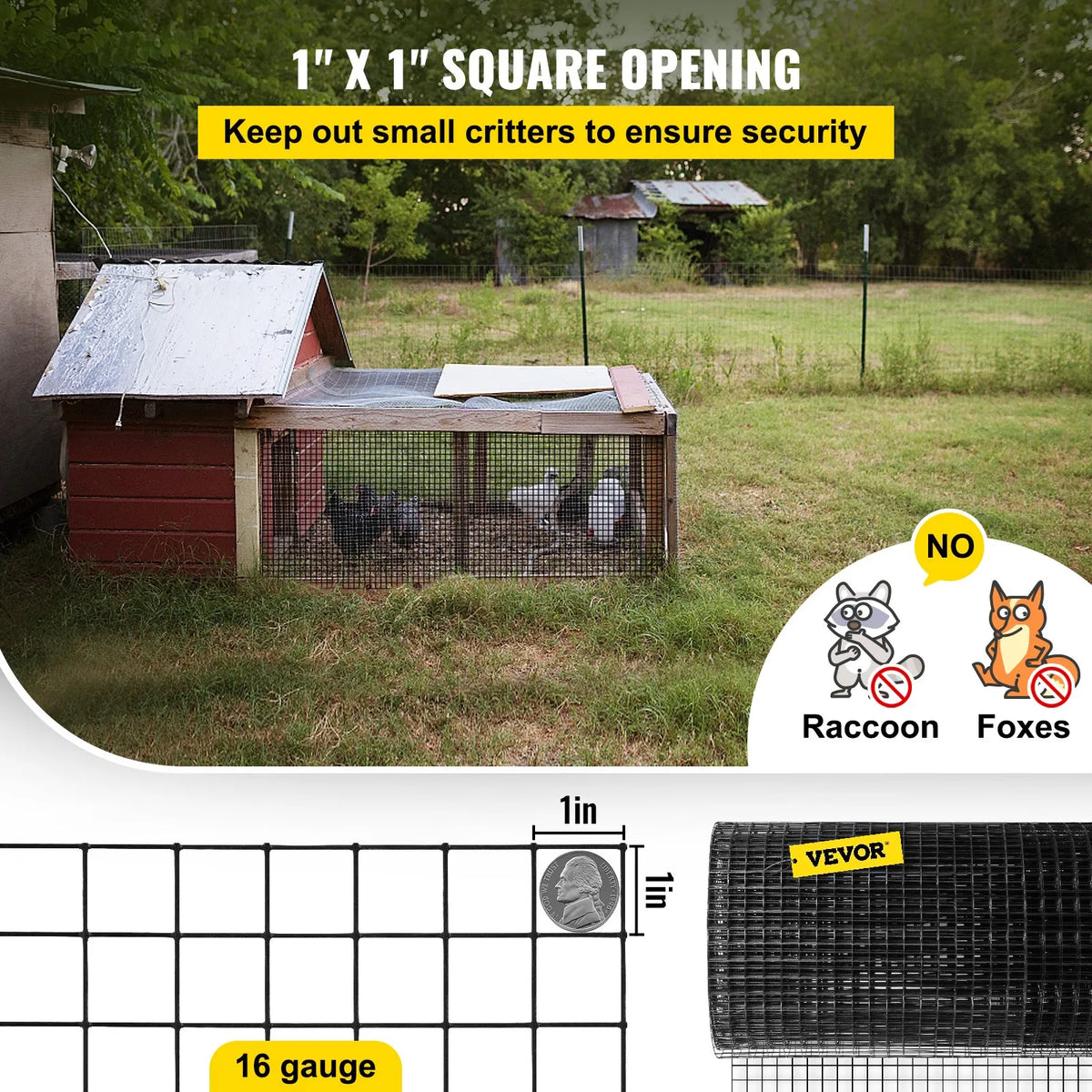 Galvanised Steel Mesh with Vinyl Coating 122 × 1524 cm, 2.54 × 2.54 cm Mesh, 16 Gauge, Chicken Wire Fence with Staples and Work Gloves, Garden and Pet Enclosures