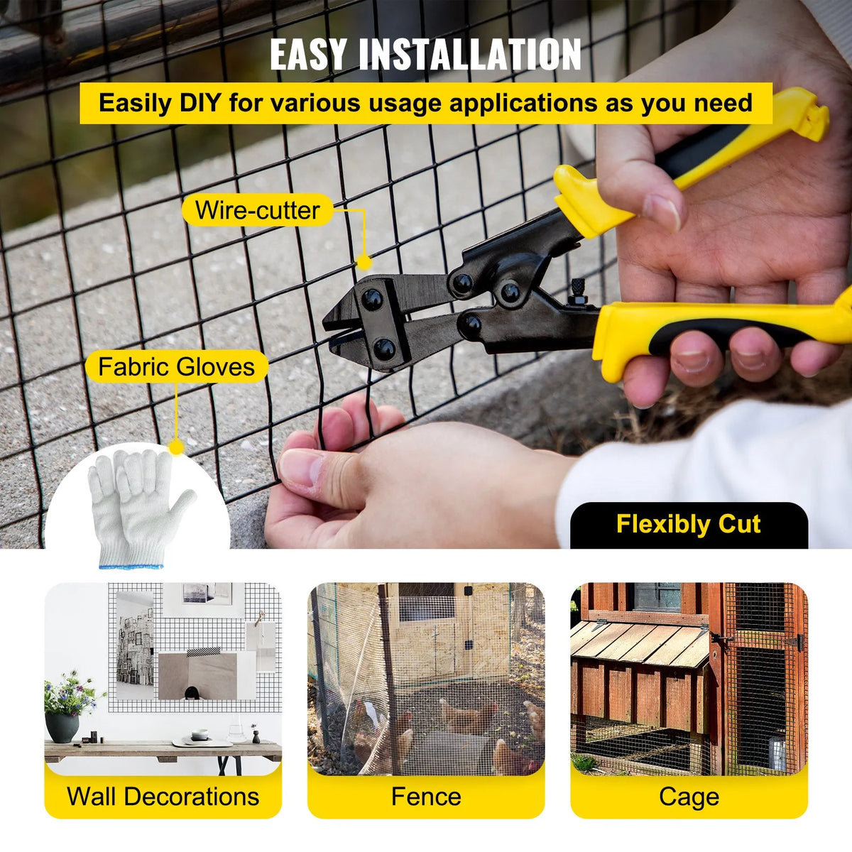 Galvanised Steel Mesh with Vinyl Coating 122 × 1524 cm, 2.54 × 2.54 cm Mesh, 16 Gauge, Chicken Wire Fence with Staples and Work Gloves, Garden and Pet Enclosures