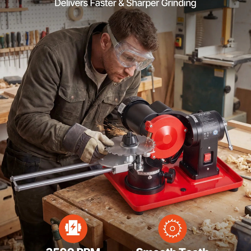 VEVOR ripzāģa disku asināšanas iekārta 370 W, 2890 apgr./min, ar 125 mm slīpripu un 6 centrēšanas elementiem, piemērota Ø80–Ø700 mm diskiem - ZEMLETES.LV