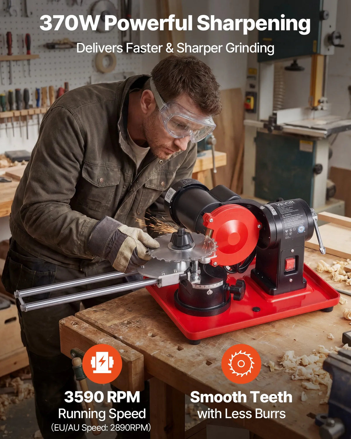 VEVOR ripzāģa disku asināšanas iekārta 370 W, 2890 apgr./min, ar 125 mm slīpripu un 6 centrēšanas elementiem, piemērota Ø80–Ø700 mm diskiem - ZEMLETES.LV
