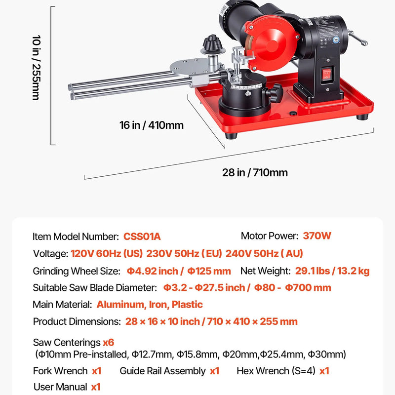 VEVOR ripzāģa disku asināšanas iekārta 370 W, 2890 apgr./min, ar 125 mm slīpripu un 6 centrēšanas elementiem, piemērota Ø80–Ø700 mm diskiem - ZEMLETES.LV