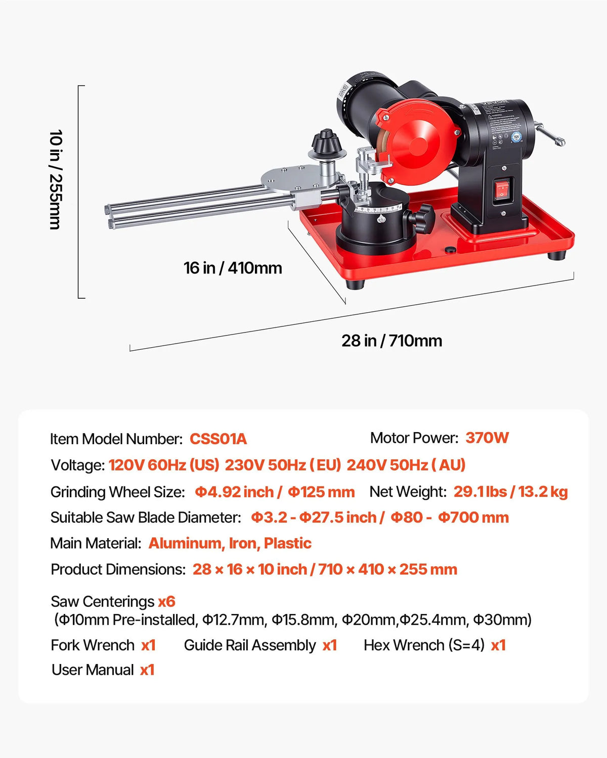 VEVOR ripzāģa disku asināšanas iekārta 370 W, 2890 apgr./min, ar 125 mm slīpripu un 6 centrēšanas elementiem, piemērota Ø80–Ø700 mm diskiem - ZEMLETES.LV