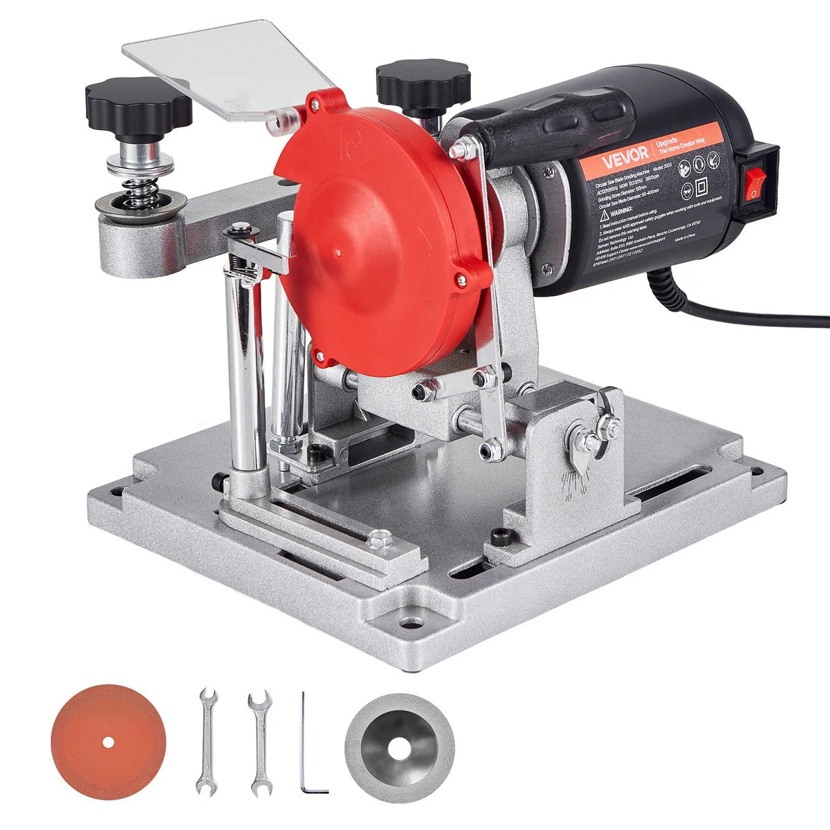 VEVOR ripzāģa asmeņu asināšanas iekārta 140 W 5700 apgr./min ar 100 mm keramikas un dimanta slīpripām, piemērota 90–400 mm diametra ripzāģa asmeņiem - ZEMLETES.LV