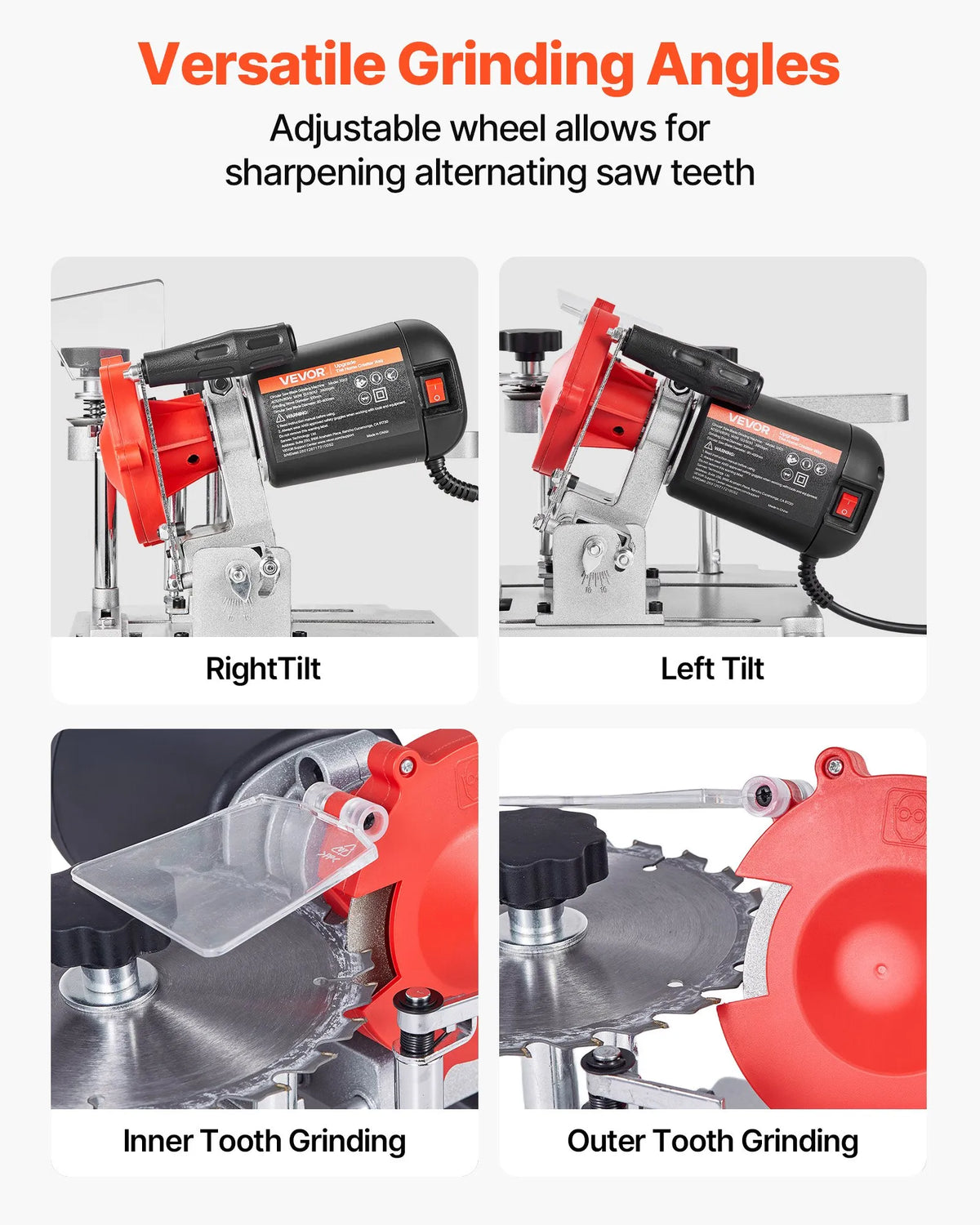 VEVOR ripzāģa asmeņu asināšanas iekārta 140 W 5700 apgr./min ar 100 mm keramikas un dimanta slīpripām, piemērota 90–400 mm diametra ripzāģa asmeņiem - ZEMLETES.LV