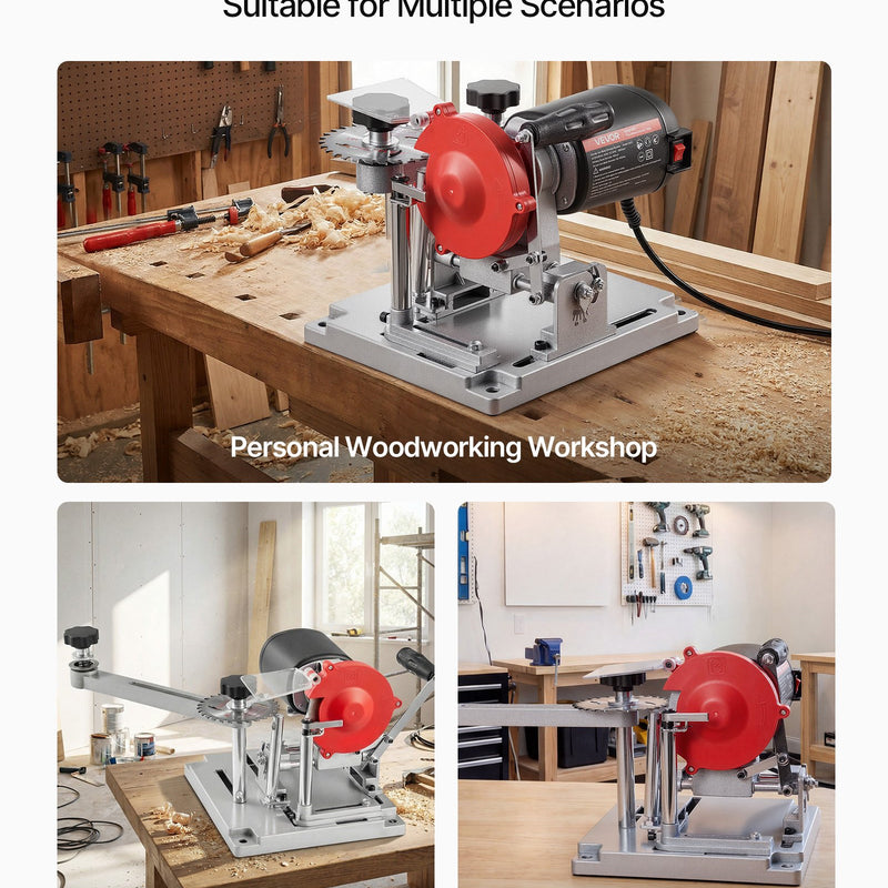 VEVOR ripzāģa asmeņu asināšanas iekārta 140 W 5700 apgr./min ar 100 mm keramikas un dimanta slīpripām, piemērota 90–400 mm diametra ripzāģa asmeņiem - ZEMLETES.LV