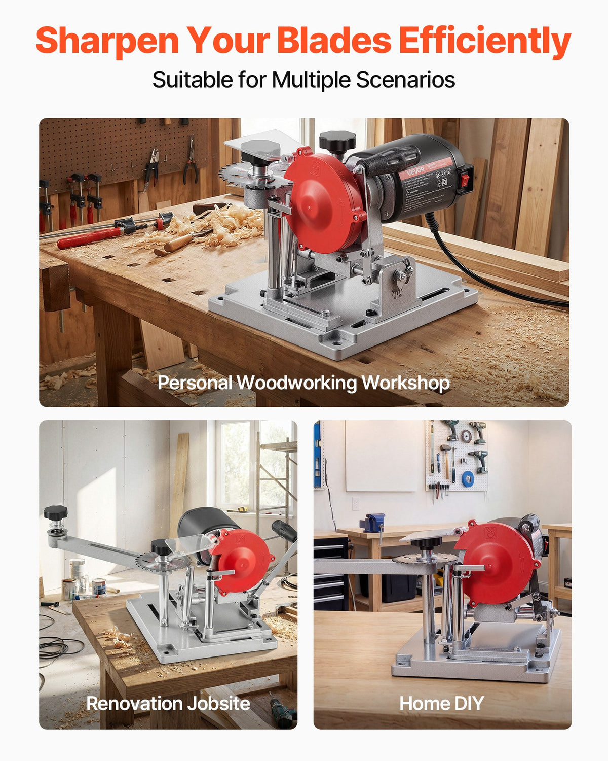 VEVOR ripzāģa asmeņu asināšanas iekārta 140 W 5700 apgr./min ar 100 mm keramikas un dimanta slīpripām, piemērota 90–400 mm diametra ripzāģa asmeņiem - ZEMLETES.LV