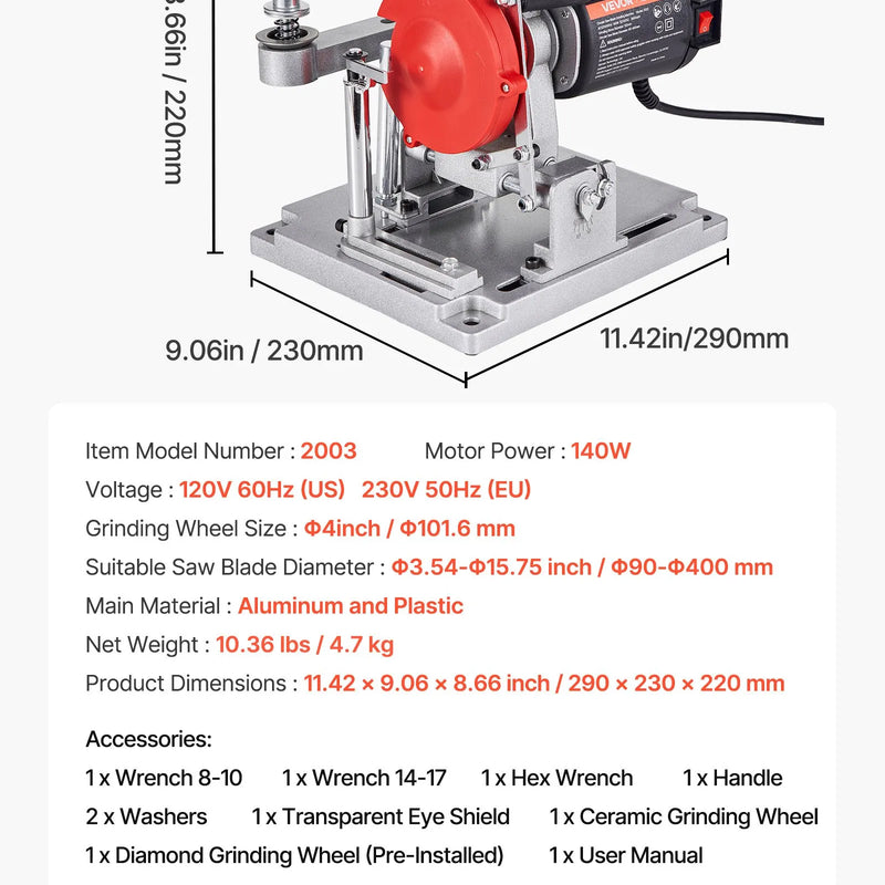 VEVOR ripzāģa asmeņu asināšanas iekārta 140 W 5700 apgr./min ar 100 mm keramikas un dimanta slīpripām, piemērota 90–400 mm diametra ripzāģa asmeņiem - ZEMLETES.LV