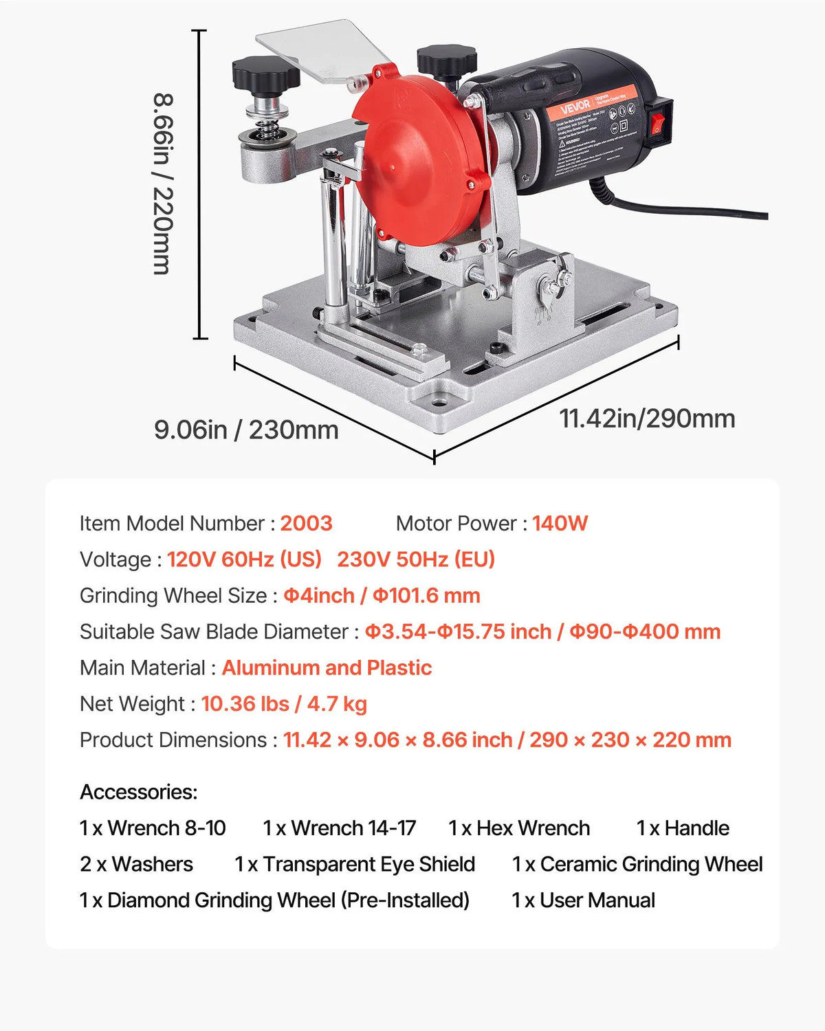 VEVOR ripzāģa asmeņu asināšanas iekārta 140 W 5700 apgr./min ar 100 mm keramikas un dimanta slīpripām, piemērota 90–400 mm diametra ripzāģa asmeņiem - ZEMLETES.LV