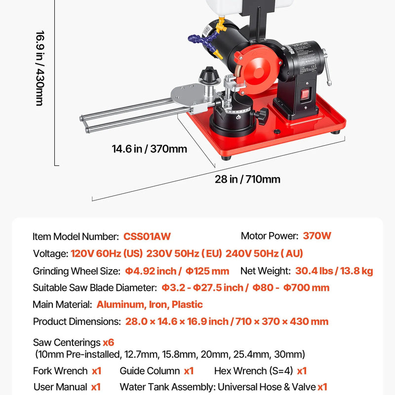 VEVOR ripzāģa disku asināšanas iekārta ar ūdens tvertni, 370 W, 2890 apgr./min, rotējošs leņķa slīpmašīnas tips, ar 125 mm slīpripu, piemērota Ø80–Ø700 mm diskiem - ZEMLETES.LV