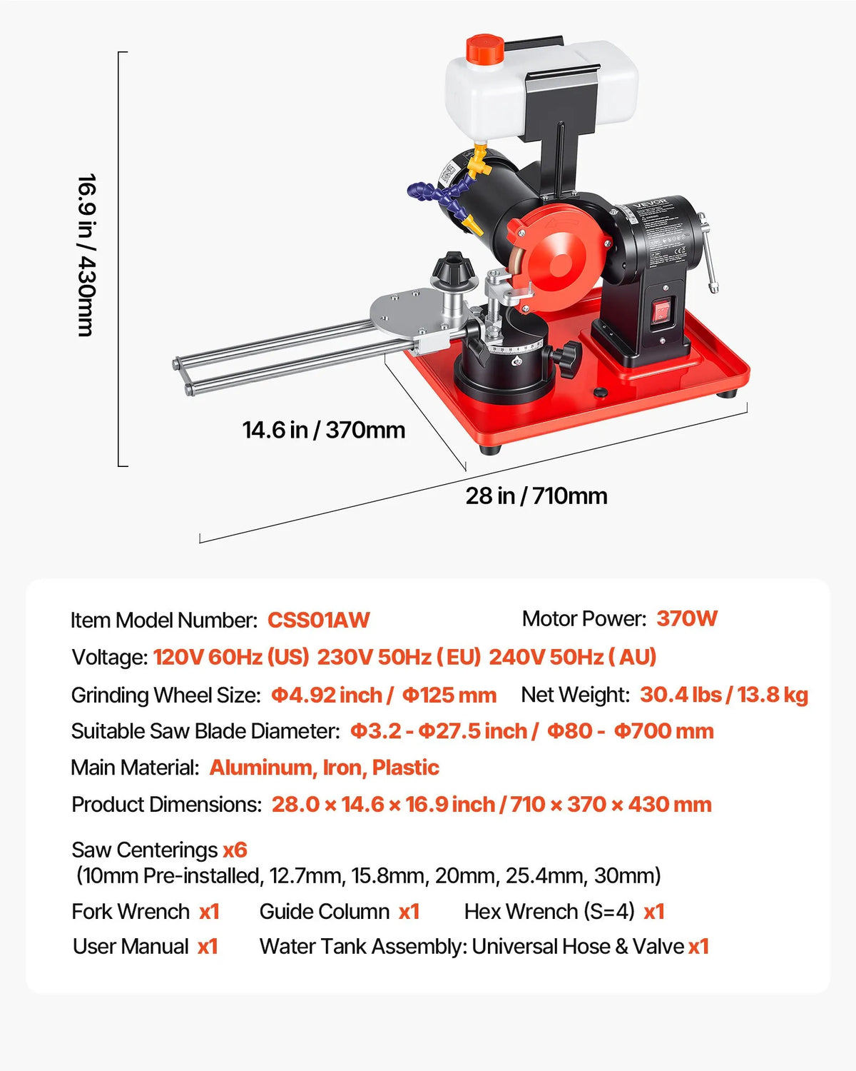 VEVOR ripzāģa disku asināšanas iekārta ar ūdens tvertni, 370 W, 2890 apgr./min, rotējošs leņķa slīpmašīnas tips, ar 125 mm slīpripu, piemērota Ø80–Ø700 mm diskiem - ZEMLETES.LV