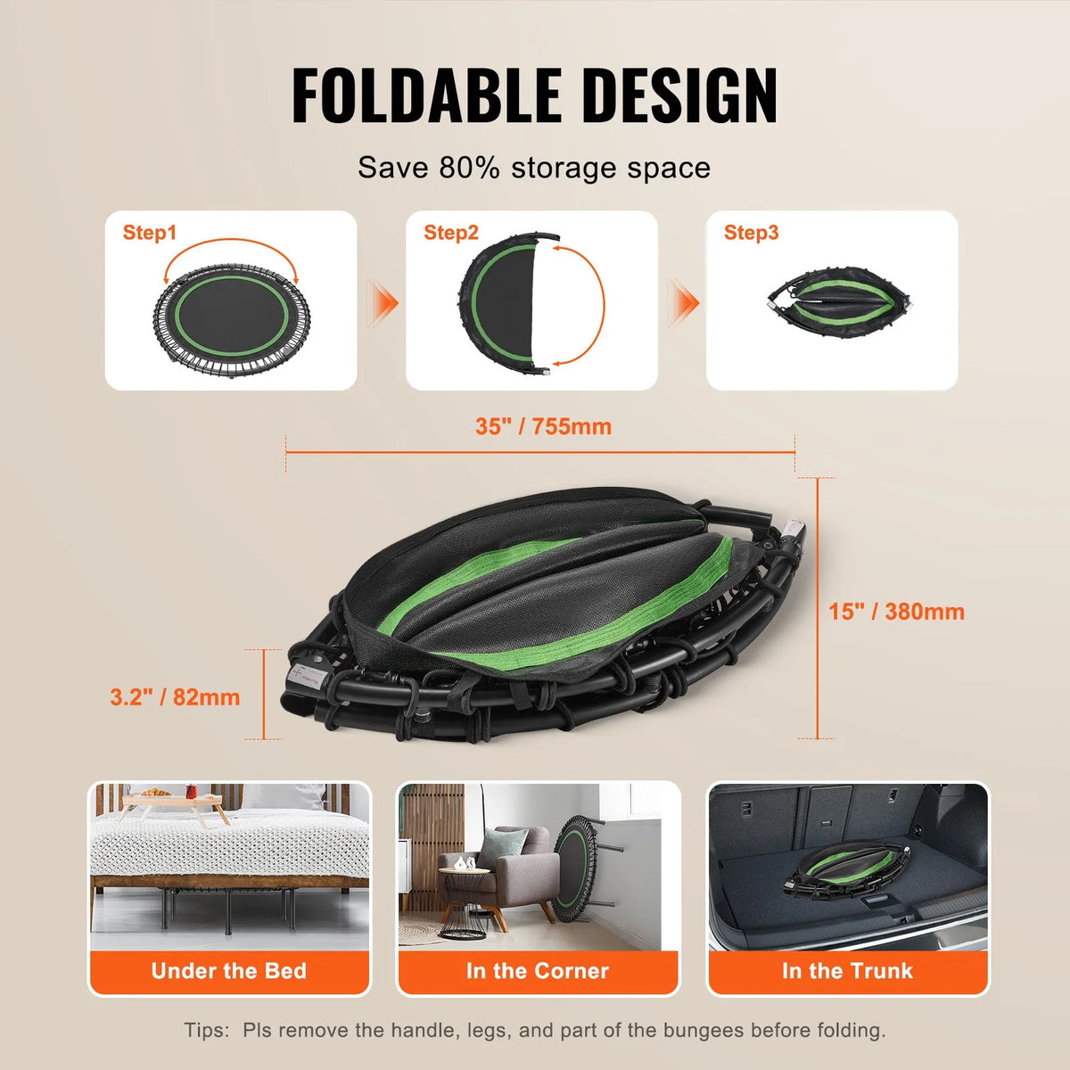 VEVOR Foldable Fitness Trampoline 102 cm with Handle for Adults, up to 150 kg, Indoor