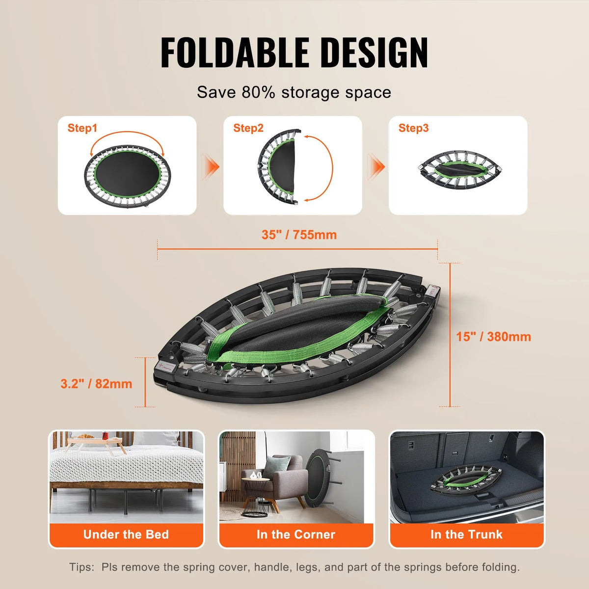 VEVOR Foldable Fitness Trampoline 102 cm with Handle for Adults, up to 150 kg