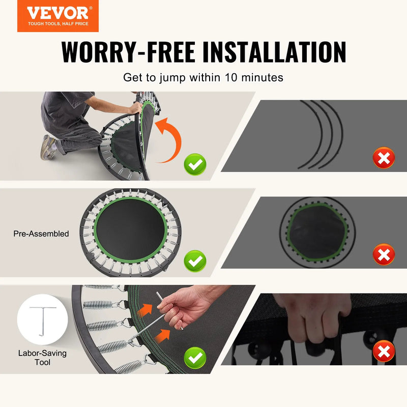 102 cm salokāms mini fitnesa batuts ar rokturi pieaugušajiem - treniņiem un atsperīgām nodarbībām