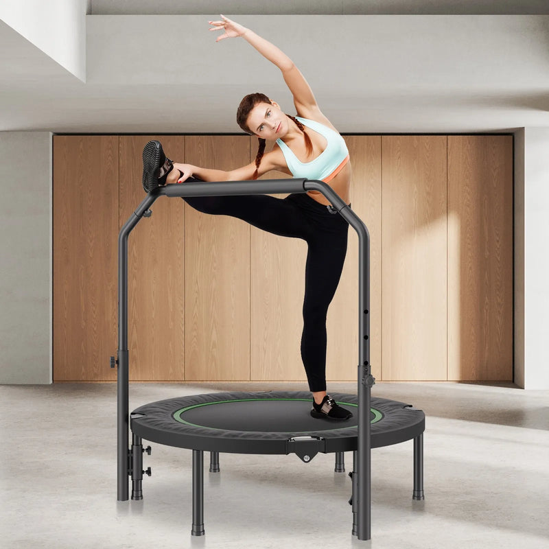 102 cm salokāms mini fitnesa batuts ar rokturi pieaugušajiem – treniņiem un atsperīgām nodarbībām