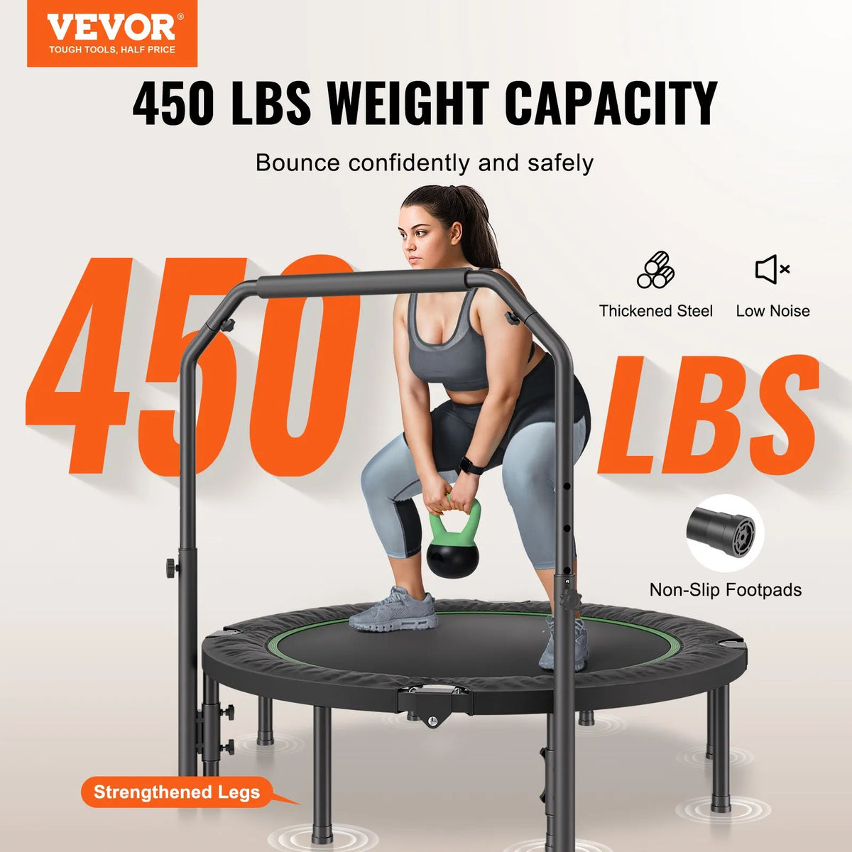 VEVOR salokāms fitnesa batuts 132 cm ar rokturi pieaugušajiem, līdz 205 kg