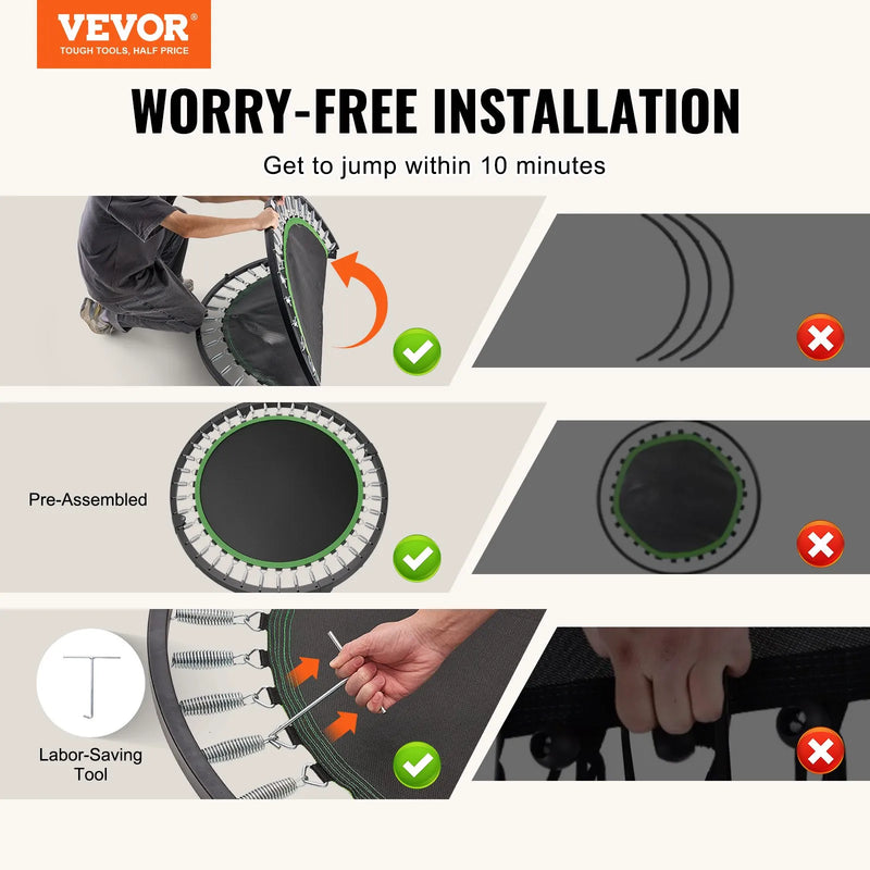 Saliekams mini fitnesa batuts 132 cm pieaugušajiem ar rokturi treniņiem