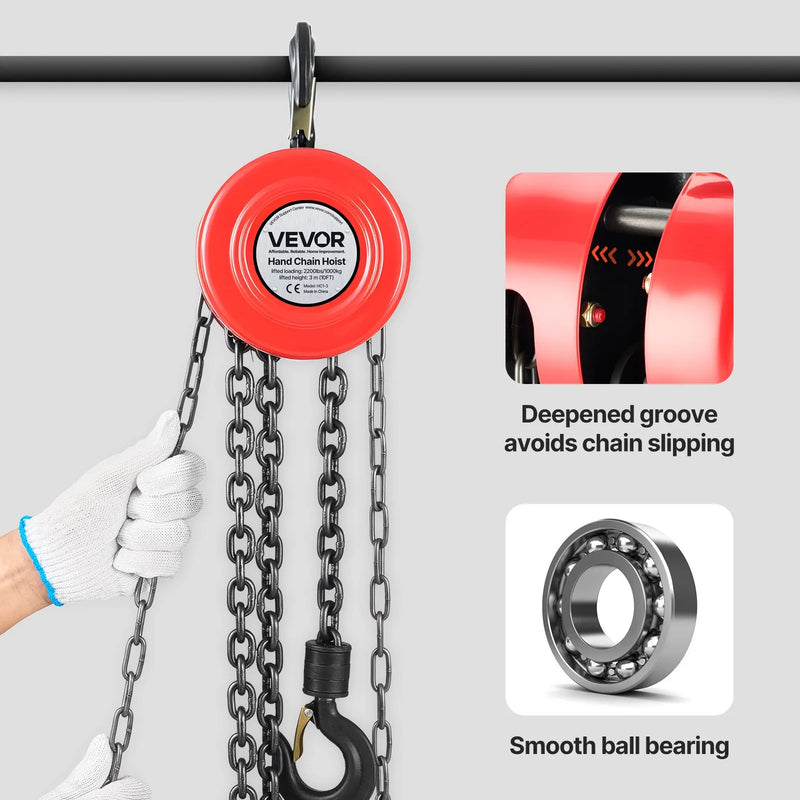 VEVOR manuālais ķēdes pacēlājs, 1 t, G70 cinkota ķēde, 3 m pacelšanas augstums, sarkans