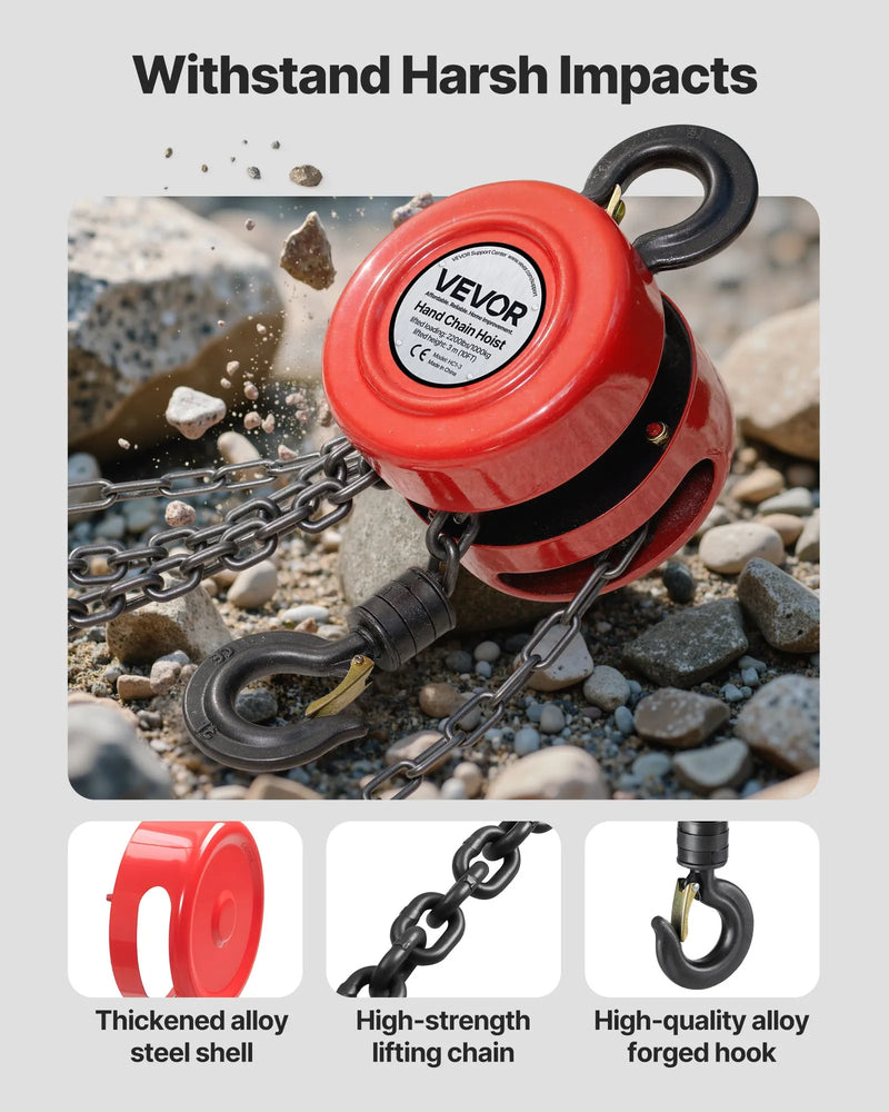 VEVOR manuālais ķēdes pacēlājs, 1 t, G70 cinkota ķēde, 3 m pacelšanas augstums, sarkans
